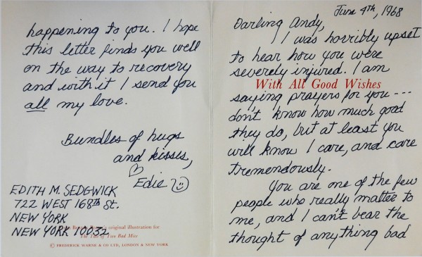 She Shot Andy Warhol: photograph of inside of Edie Sedgwick's get well card to Andy Warhol, dated June 4th, 1968, the day after Andy had been shot.