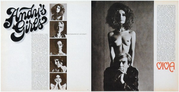 Teatime on Mars: magazine spread: Left page: headline "Andy's Girls" and thumbnails of different Factory denizens. Right page: large image of Viva and Andy: Viva stands naked behind Andy in a leather jacket