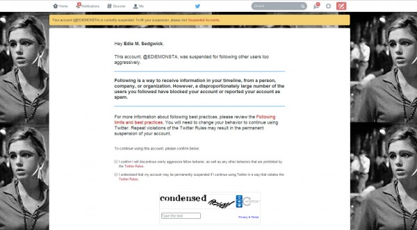 Twitter Mental Hospital: screenshot of Twitter Account Suspension notice for Edie M. Sedgwick, claiming 'Your account has been suspended for aggressive following."