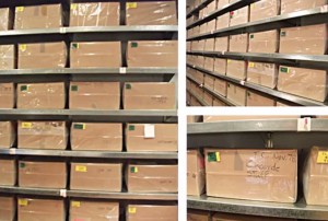 Andy Warhol and Time: color photograph of Andy Warhol Time Capsules, brown cardboard boxes, lining shelves in a storage space