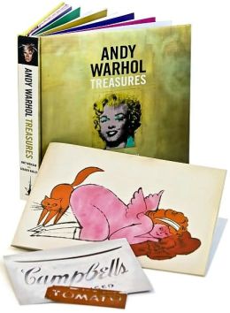 Warhol Books: Photo of Andy Warhol Treasures by Matt Wrbican & Geralyn Huxley, featuring the book and some of the facsimile elements included in it.