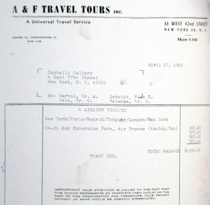 Ileana Sonnabend Andy Warhol: photocopy of invoice for 4 plane tickets for Andy Warhol, Edie Sedgwick, Gerard Malanga, and Chuck Wein to go from New York to Paris for Warhol's opening at Sonnabend Gallery