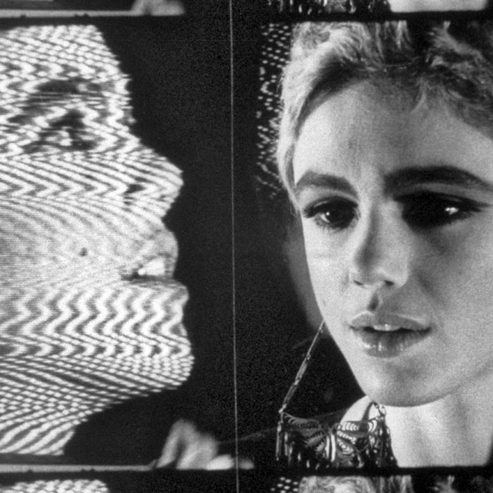 Frame from Andy Warhol's Outer and Inner Space featuring a filmed Edie Sedgwick in front of a video Edie Sedgwick on a TV monitor